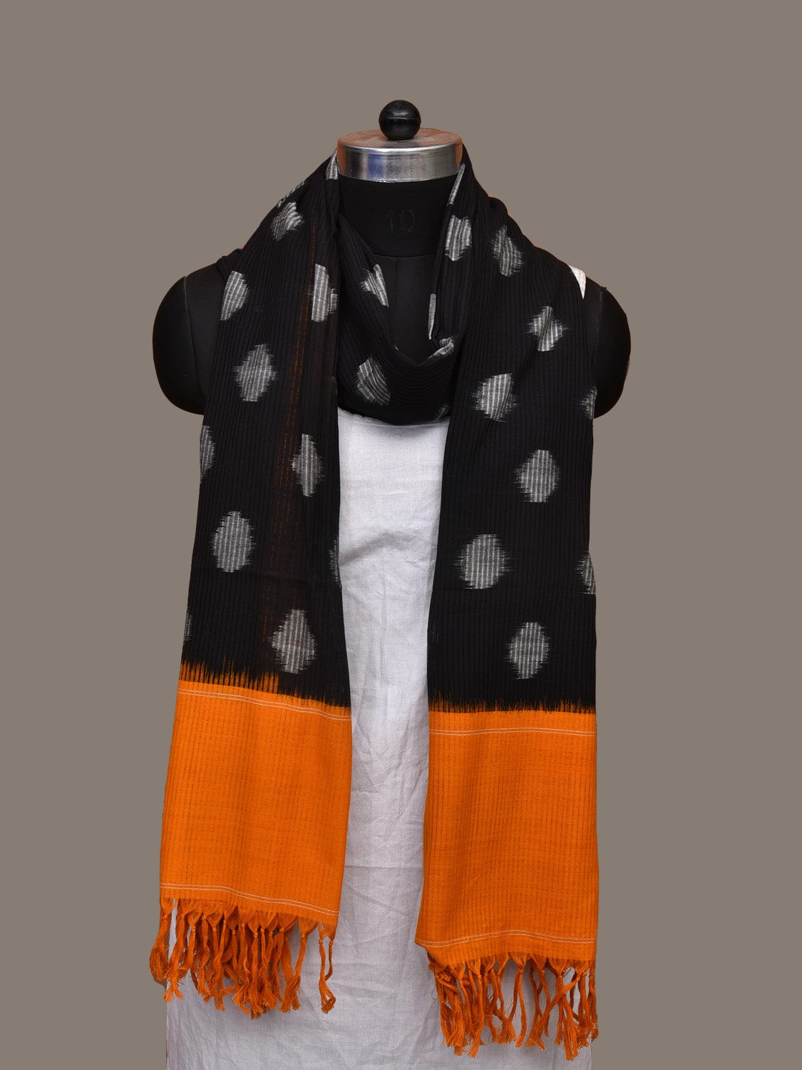 Black and Orange Pochampally Ikat Cotton Handloom Dupatta with Polka Dots Design - Global Threads | Grocsy