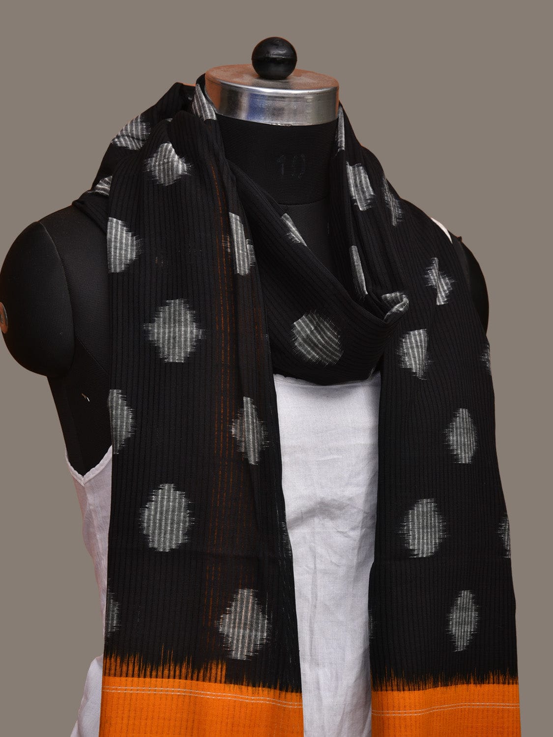 Black and Orange Pochampally Ikat Cotton Handloom Dupatta with Polka Dots Design - Global Threads | Grocsy