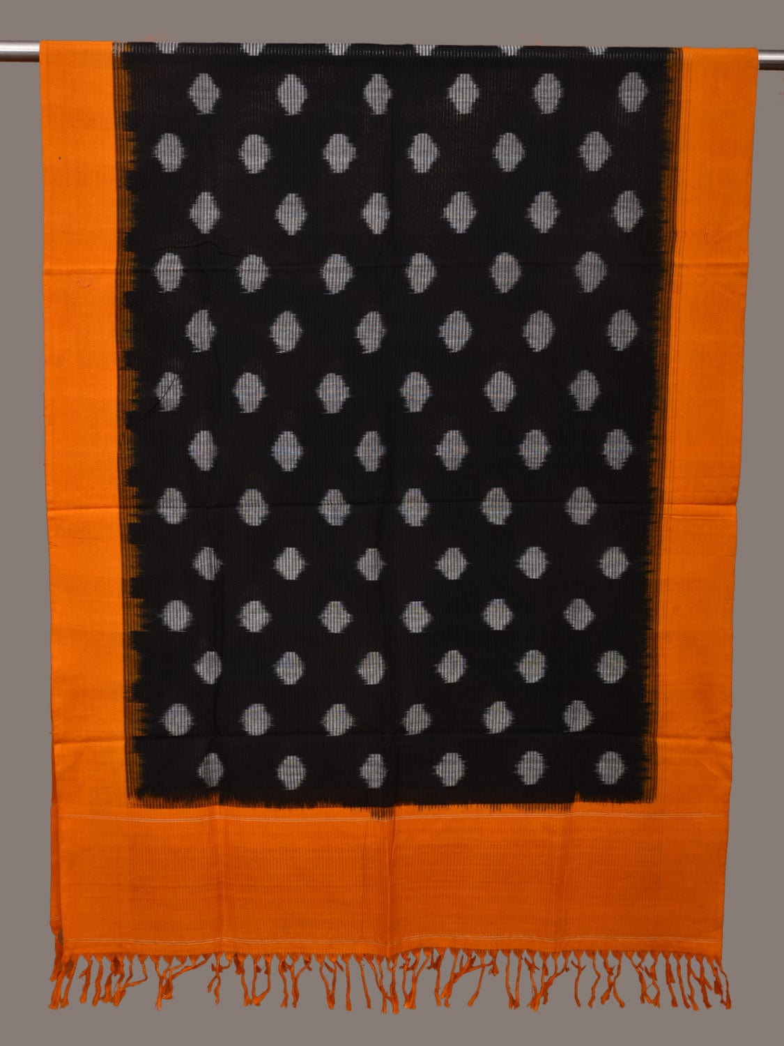 Black and Orange Pochampally Ikat Cotton Handloom Dupatta with Polka Dots Design - Global Threads | Grocsy