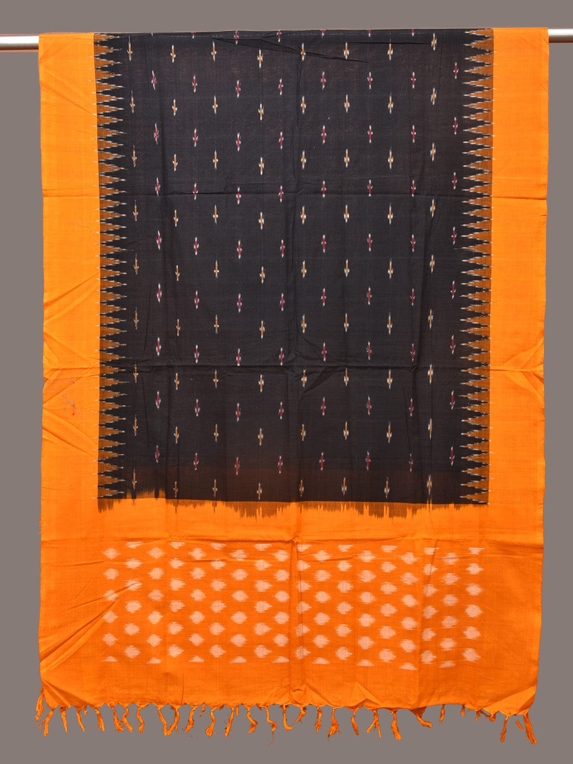 Black and Orange Pochampally Ikat Cotton Handloom Dupatta with Temple Border Design - Global Threads | Grocsy