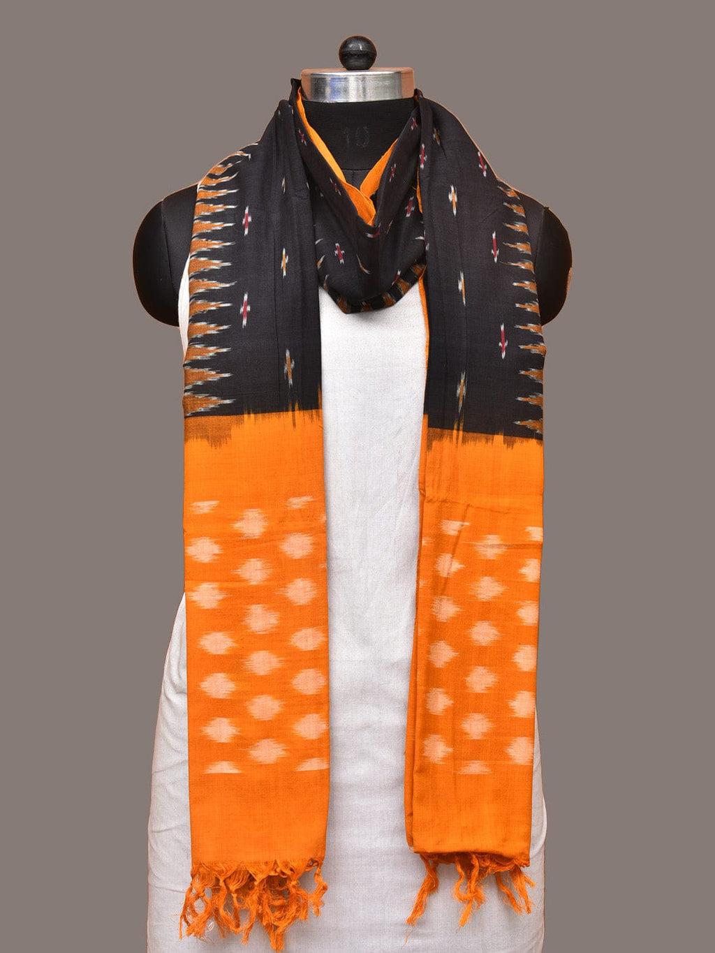 Black and Orange Pochampally Ikat Cotton Handloom Dupatta with Temple Border Design - Global Threads | Grocsy