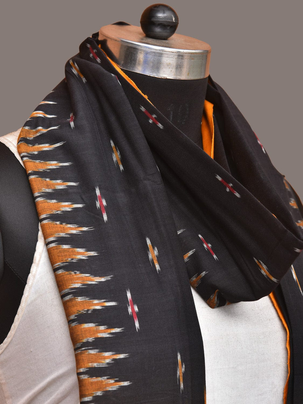 Black and Orange Pochampally Ikat Cotton Handloom Dupatta with Temple Border Design - Global Threads | Grocsy