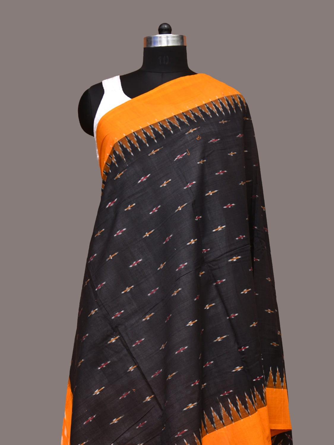 Black and Orange Pochampally Ikat Cotton Handloom Dupatta with Temple Border Design - Global Threads | Grocsy