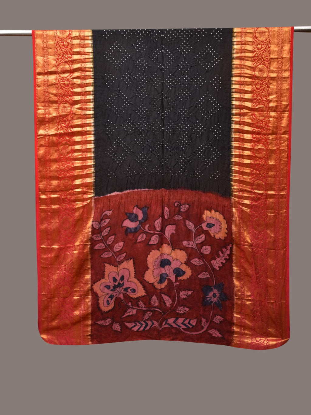 Black and Red Bandhani Kanchipuram Silk Handloom Dupatta with Kalamkari Design - Global Threads | Grocsy