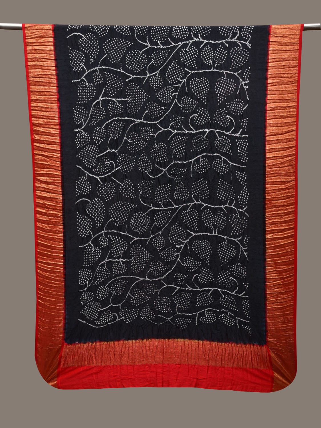 Black and Red Bandhani Kanchipuram Silk Handloom Dupatta with Leaves Design - Global Threads | Grocsy