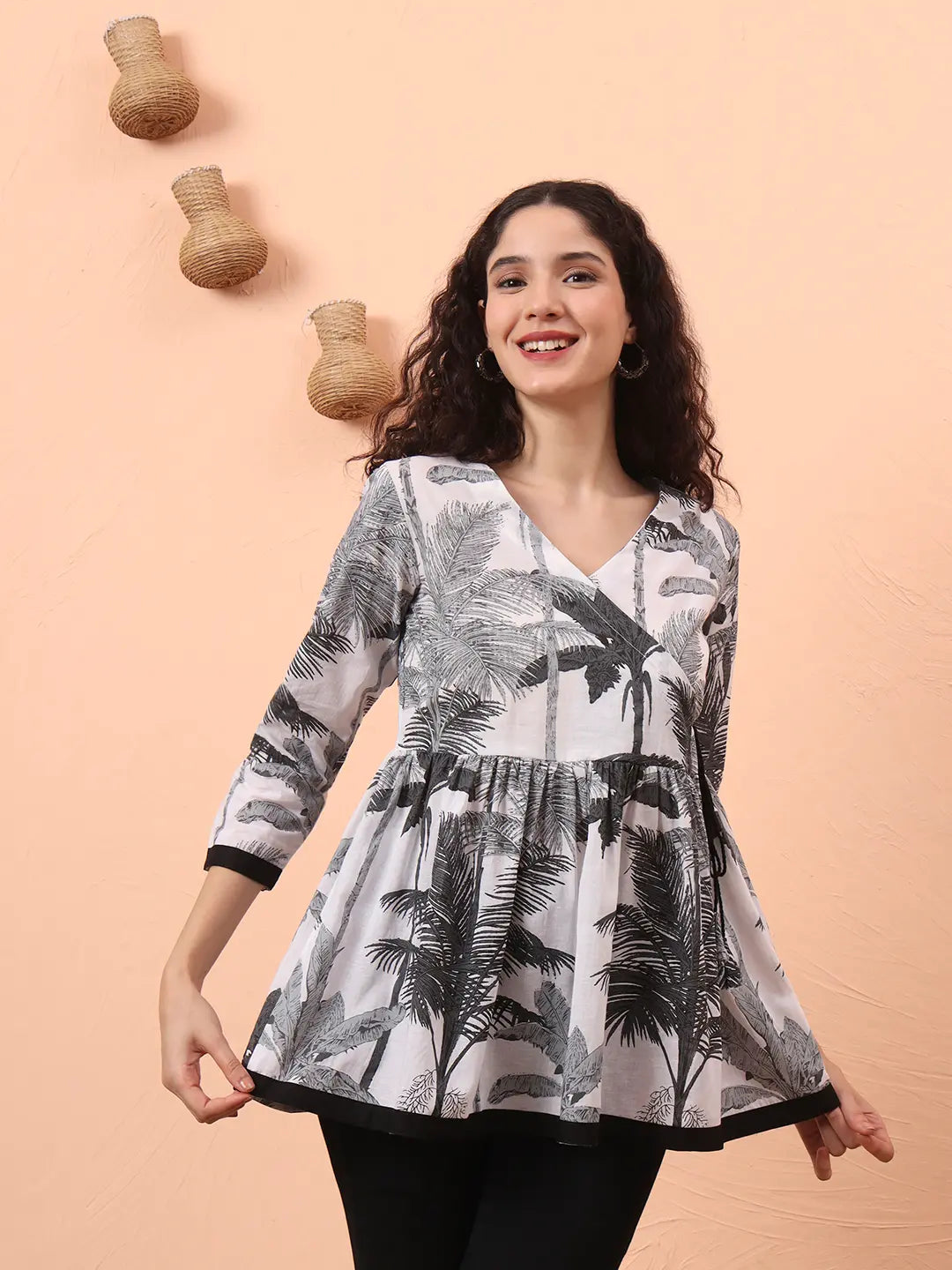Yufta Black And White Cotton Gathered Or Pleated Angrakha Top | Grocsy