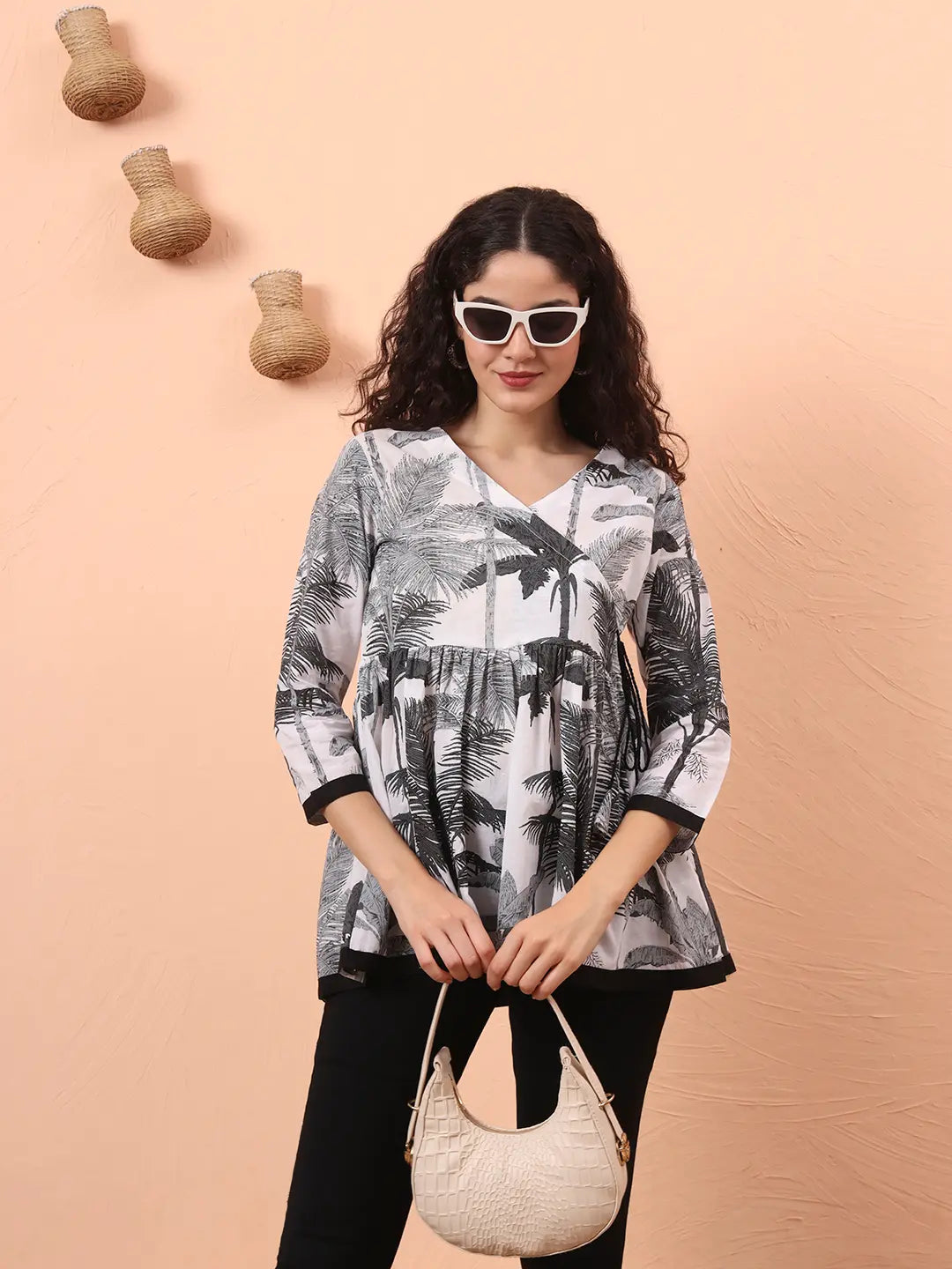 Yufta Black And White Cotton Gathered Or Pleated Angrakha Top | Grocsy
