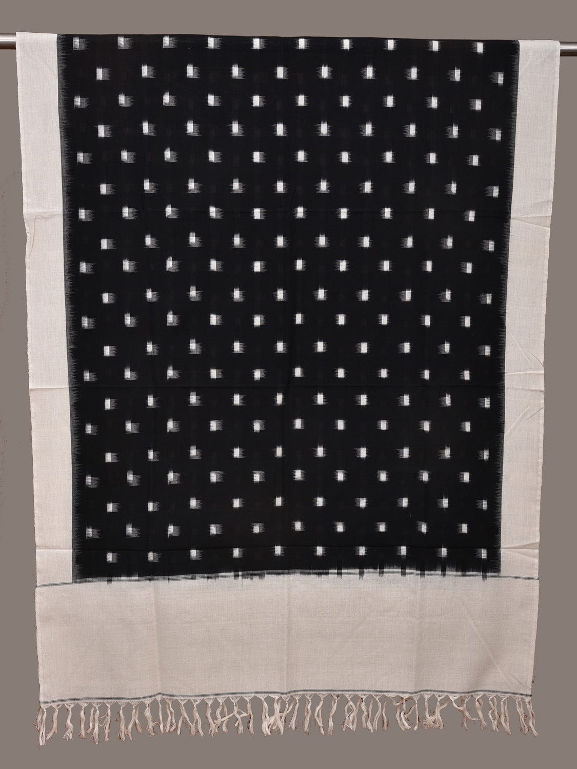 Black and White Pochampally Ikat Cotton Handloom Dupatta with Dots Design - Global Threads | Grocsy