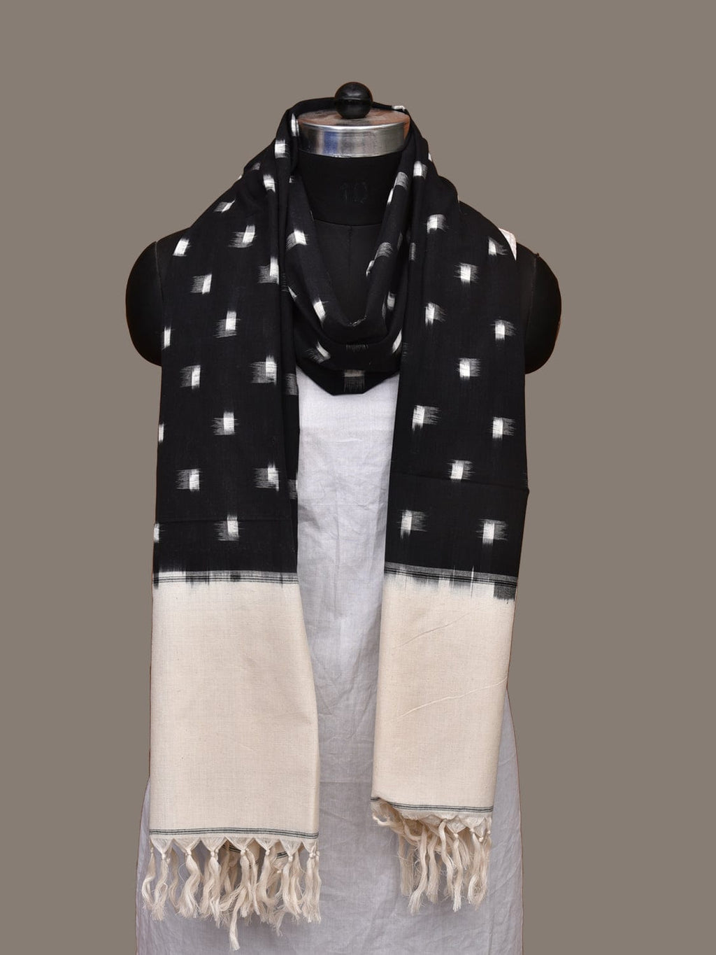 Black and White Pochampally Ikat Cotton Handloom Dupatta with Dots Design - Global Threads | Grocsy