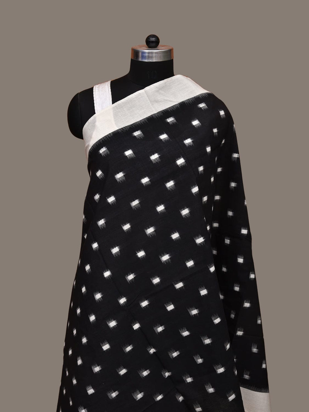 Black and White Pochampally Ikat Cotton Handloom Dupatta with Dots Design - Global Threads | Grocsy