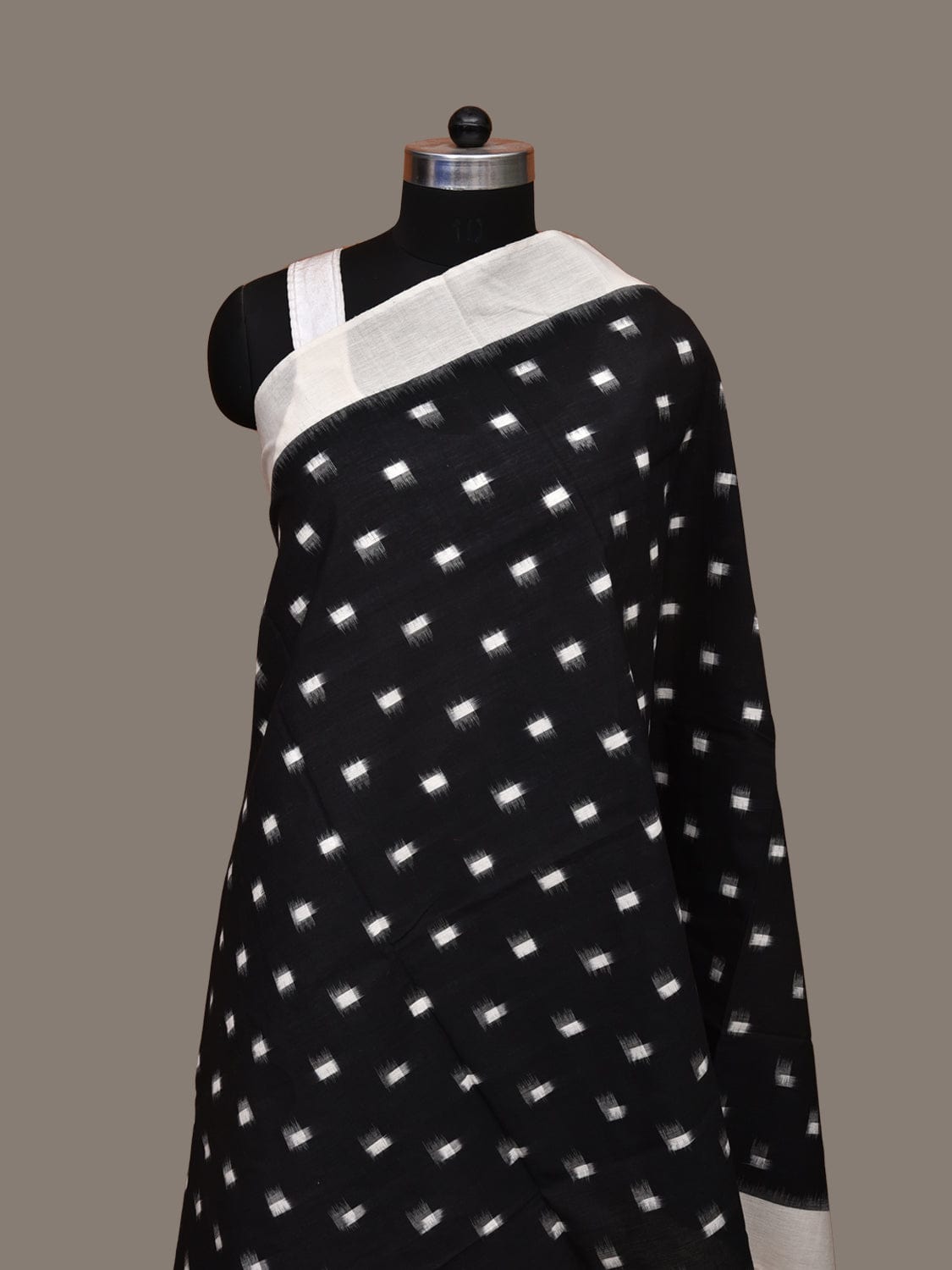 Black and White Pochampally Ikat Cotton Handloom Dupatta with Dots Design - Global Threads | Grocsy