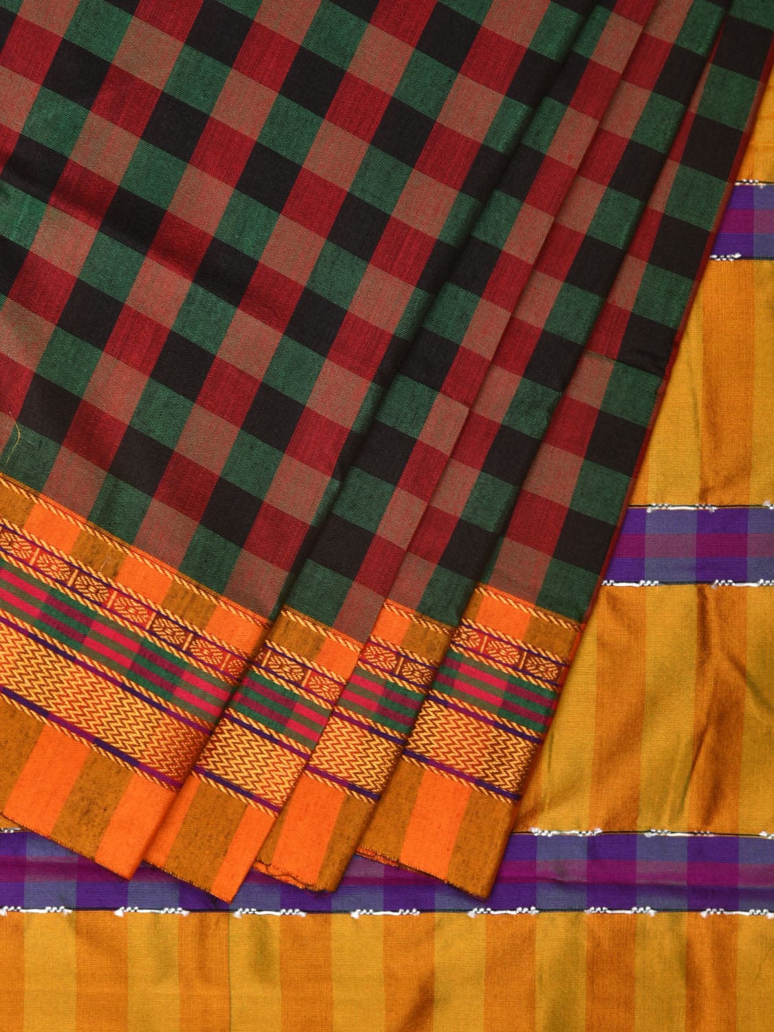 Black and Yellow ilkal Cotton Saree with Checks Design No Blouse - Global Threads | Grocsy