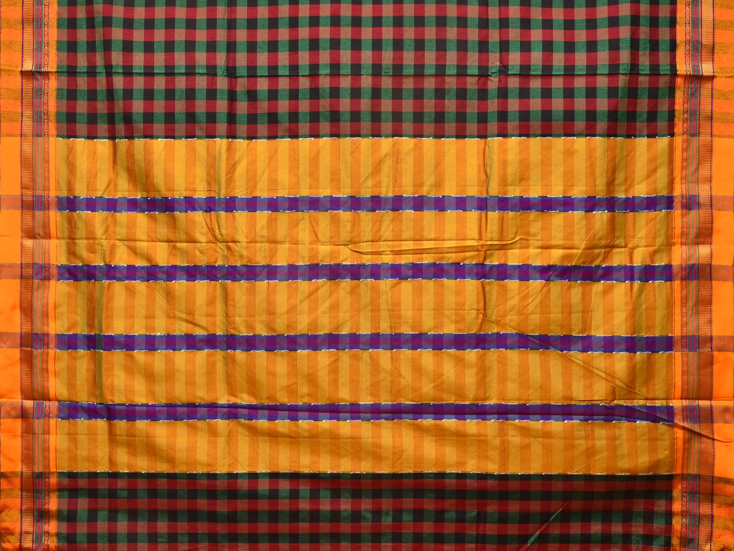 Black and Yellow ilkal Cotton Saree with Checks Design No Blouse - Global Threads | Grocsy