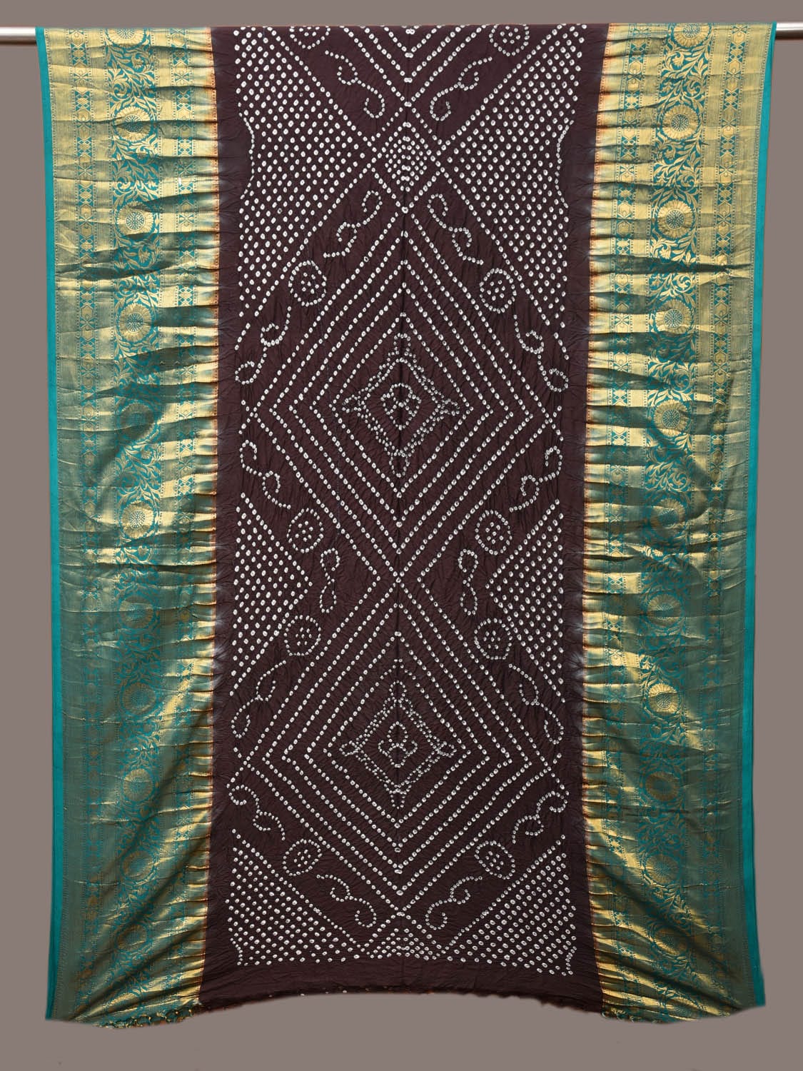 Black Bandhani Kanchipuram Silk Handloom Dupatta with Border Design - Global Threads | Grocsy