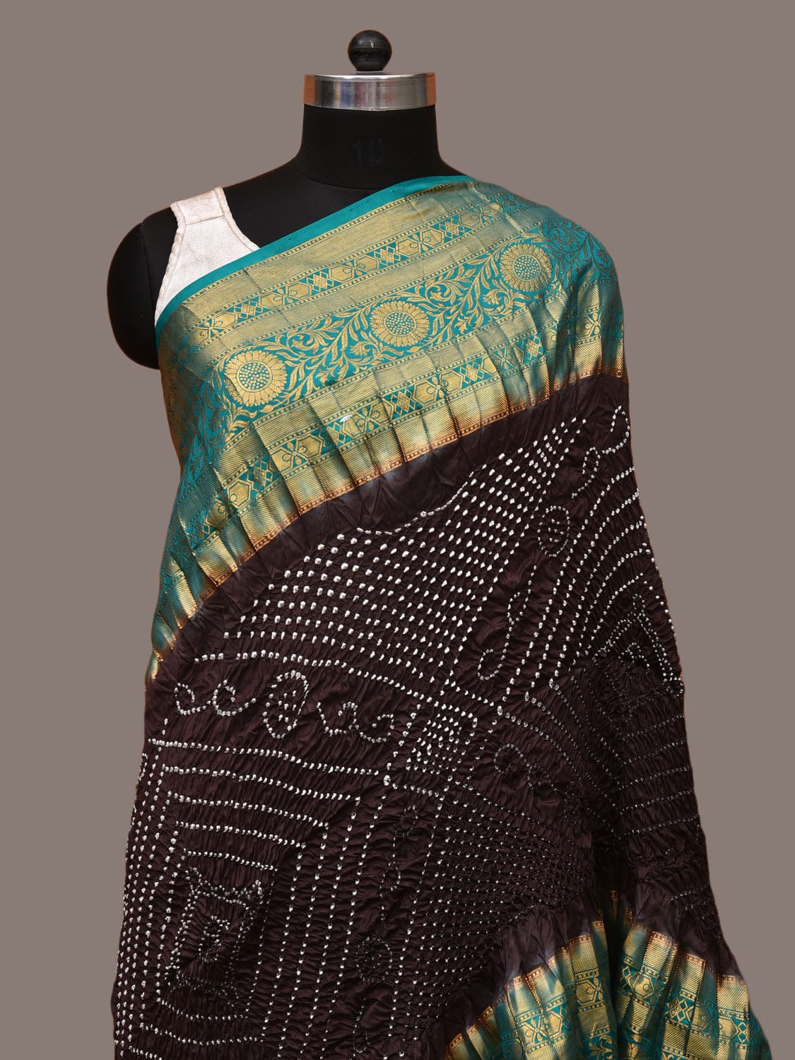 Black Bandhani Kanchipuram Silk Handloom Dupatta with Border Design - Global Threads | Grocsy