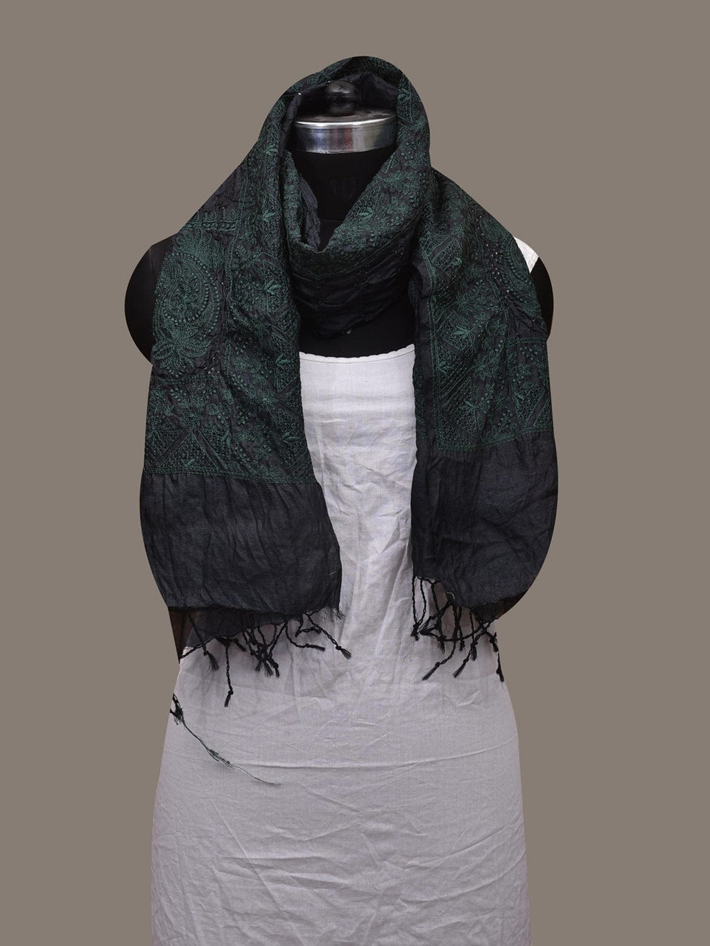 Black Bandhani Tussar Stole with Embroidary Work Design - Global Threads | Grocsy