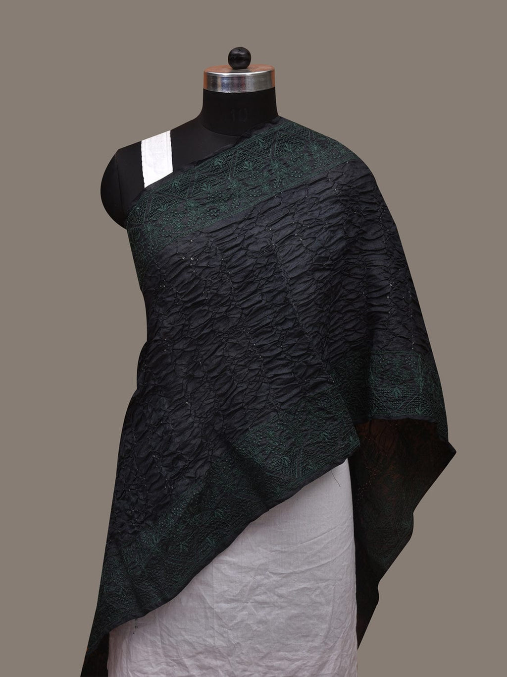 Black Bandhani Tussar Stole with Embroidary Work Design - Global Threads | Grocsy