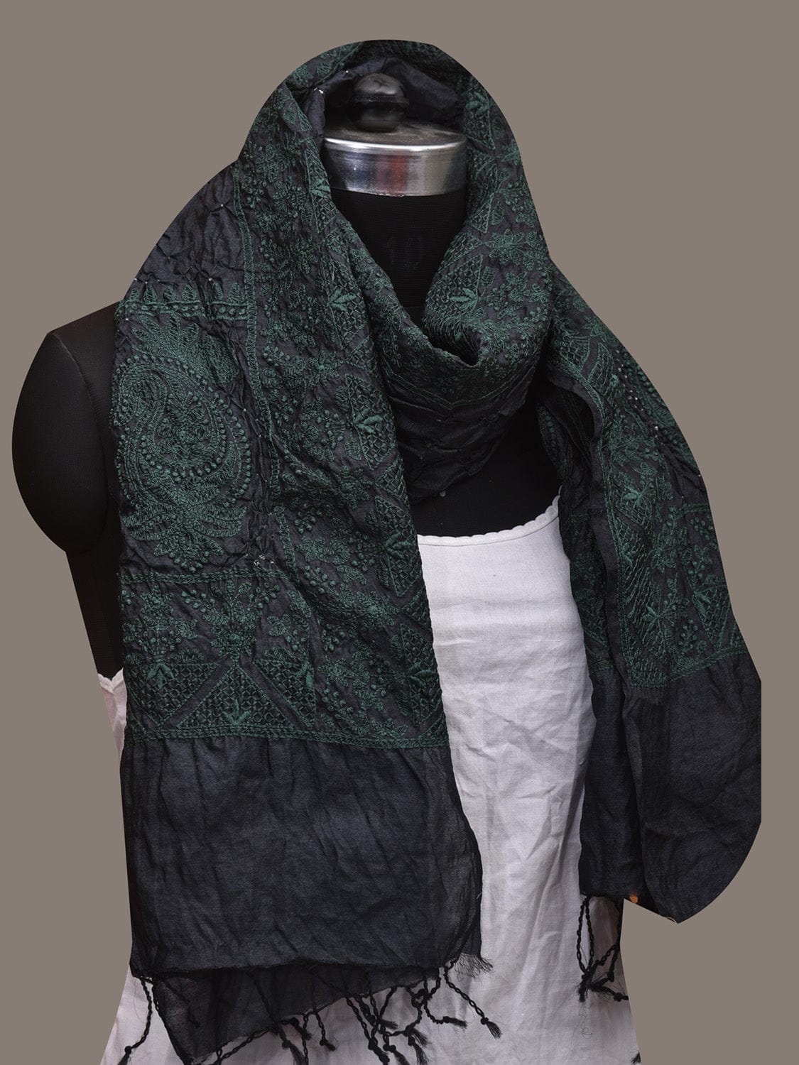 Black Bandhani Tussar Stole with Embroidary Work Design - Global Threads | Grocsy