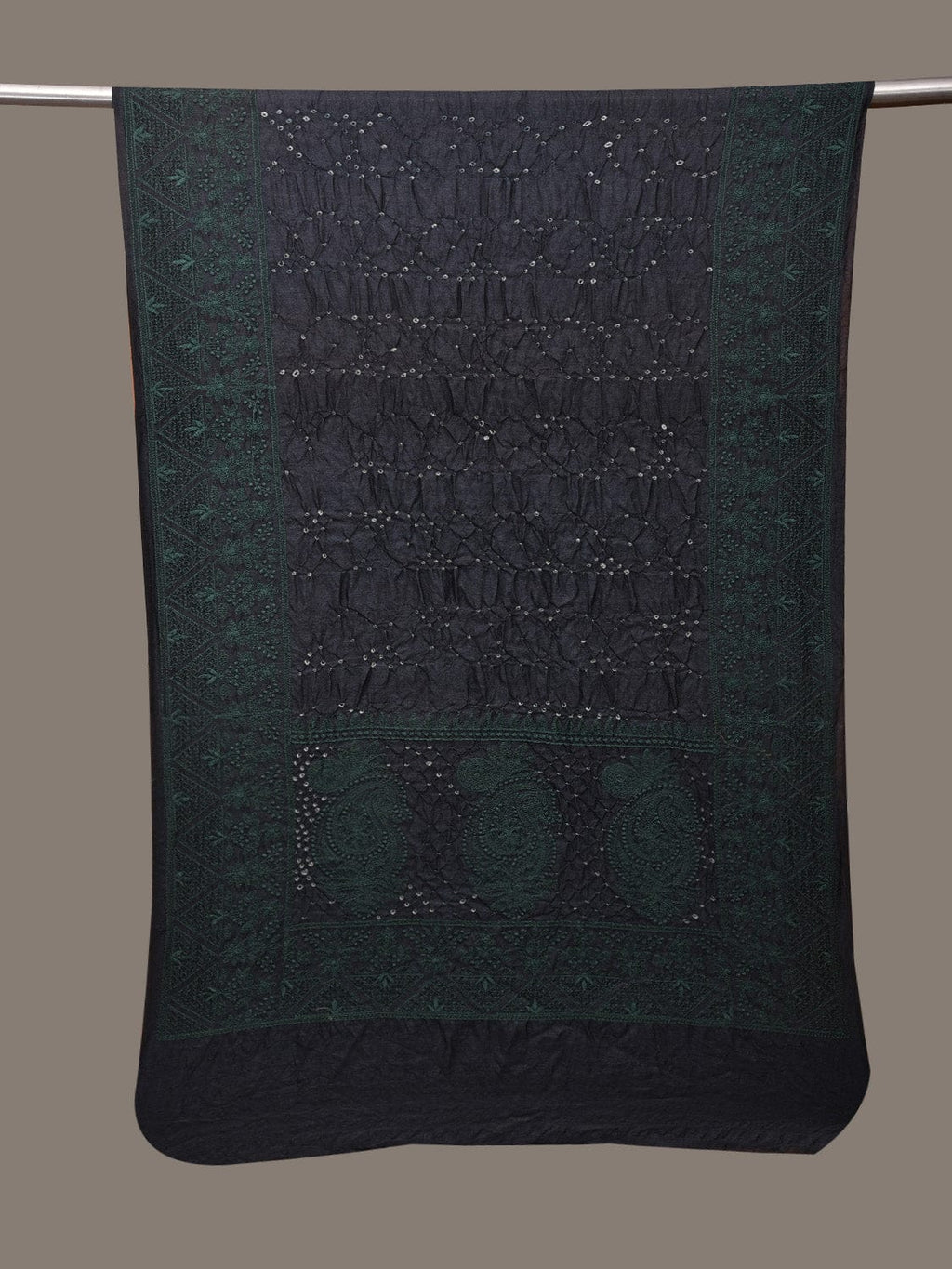 Black Bandhani Tussar Stole with Embroidary Work Design - Global Threads | Grocsy