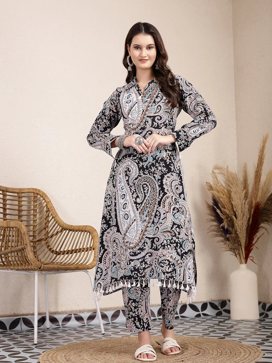 Yufta Black Boho Print Pure Cotton Co-Ord Set | Grocsy