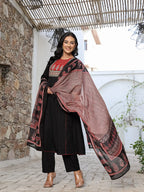 Yufta Black Cotton A Line Gathered Or Pleated Kurta Dupatta Set | Grocsy