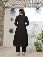 Yufta Black Cotton A Line Gathered Or Pleated Kurta Dupatta Set | Grocsy