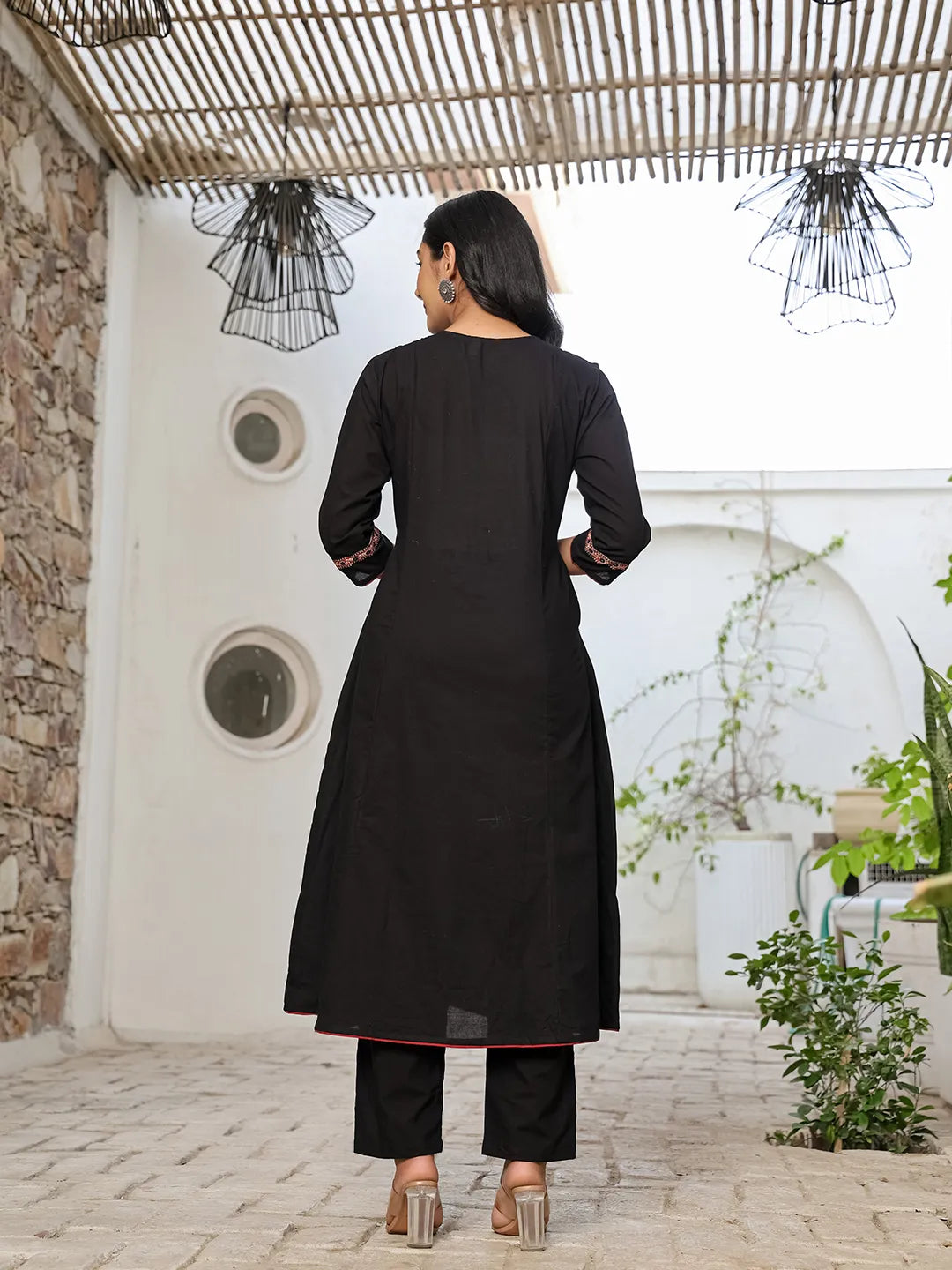 Yufta Black Cotton A Line Gathered Or Pleated Kurta Dupatta Set | Grocsy