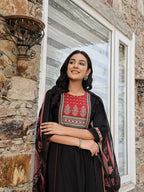 Yufta Black Cotton A Line Gathered Or Pleated Kurta Dupatta Set | Grocsy