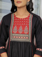 Yufta Black Cotton A Line Gathered Or Pleated Kurta Dupatta Set | Grocsy