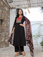 Yufta Black Cotton A Line Gathered Or Pleated Kurta Dupatta Set | Grocsy