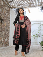 Yufta Black Cotton A Line Gathered Or Pleated Kurta Dupatta Set | Grocsy