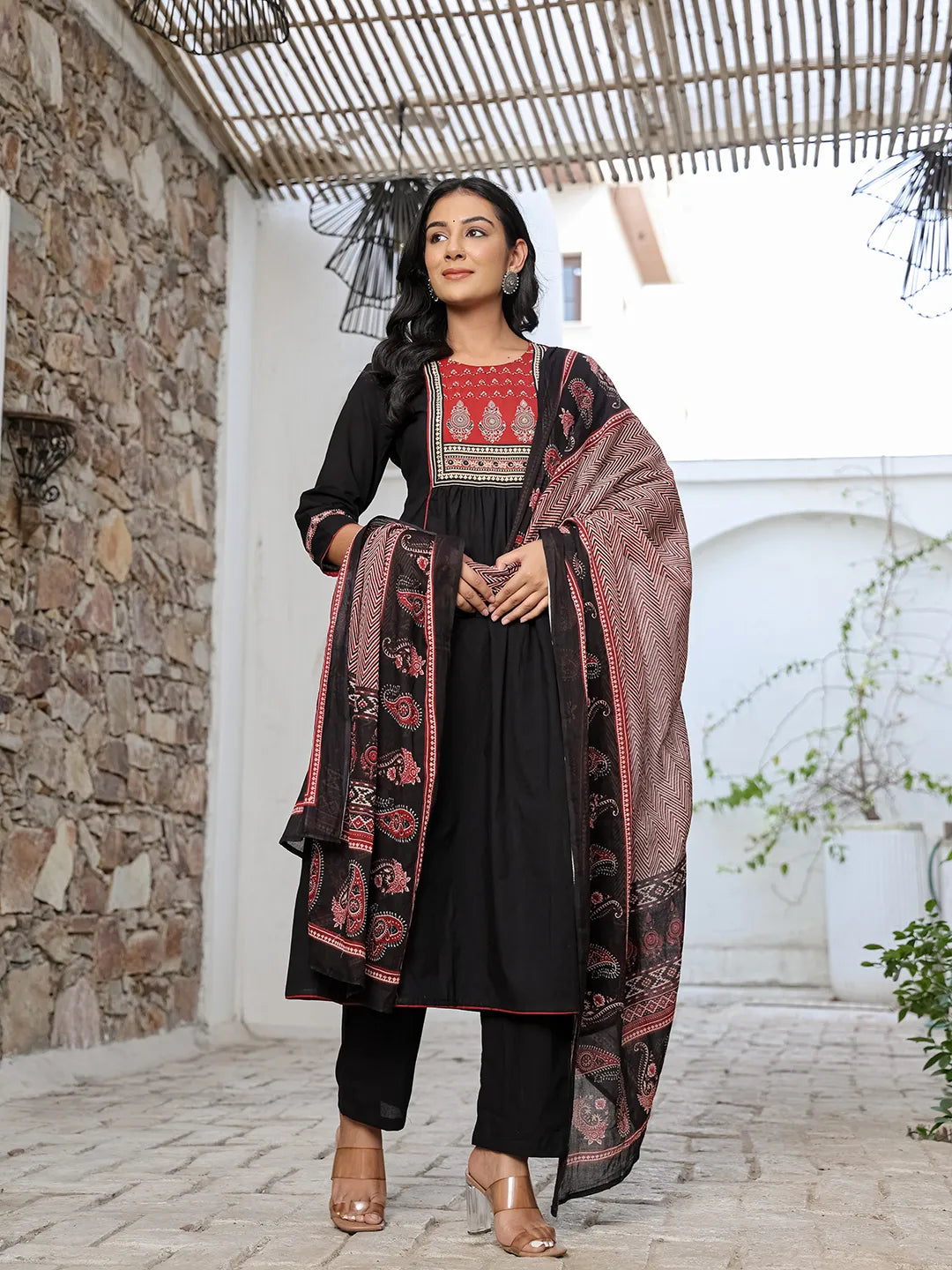 Yufta Black Cotton A Line Gathered Or Pleated Kurta Dupatta Set | Grocsy