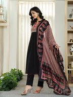 Yufta Black Cotton A Line Mandarin Collar Gathered Kurta Dupatta Set | Grocsy