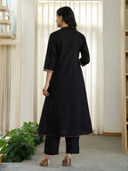 Yufta Black Cotton A Line Mandarin Collar Gathered Kurta Dupatta Set | Grocsy