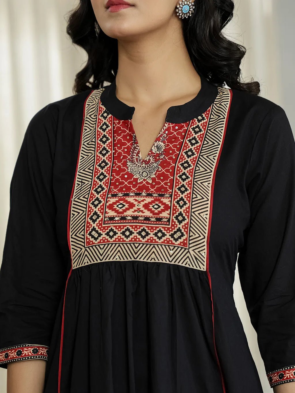 Yufta Black Cotton A Line Mandarin Collar Gathered Kurta Dupatta Set | Grocsy