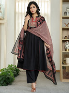 Yufta Black Cotton A Line Mandarin Collar Gathered Kurta Dupatta Set | Grocsy