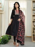 Yufta Black Cotton A Line Mandarin Collar Gathered Kurta Dupatta Set | Grocsy