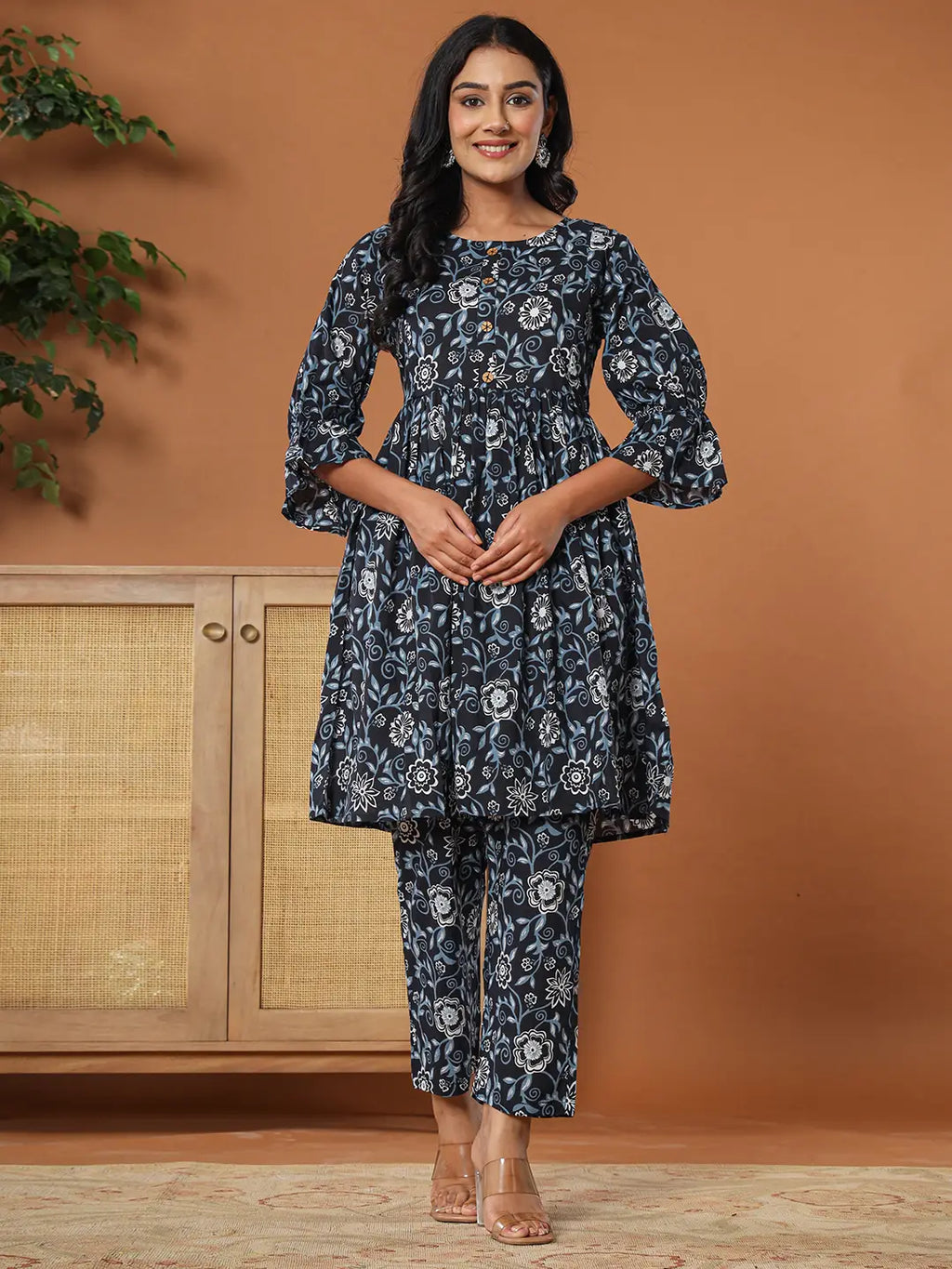 Yufta Black Cotton Maternity Peplum Kurta Pants Set | Grocsy