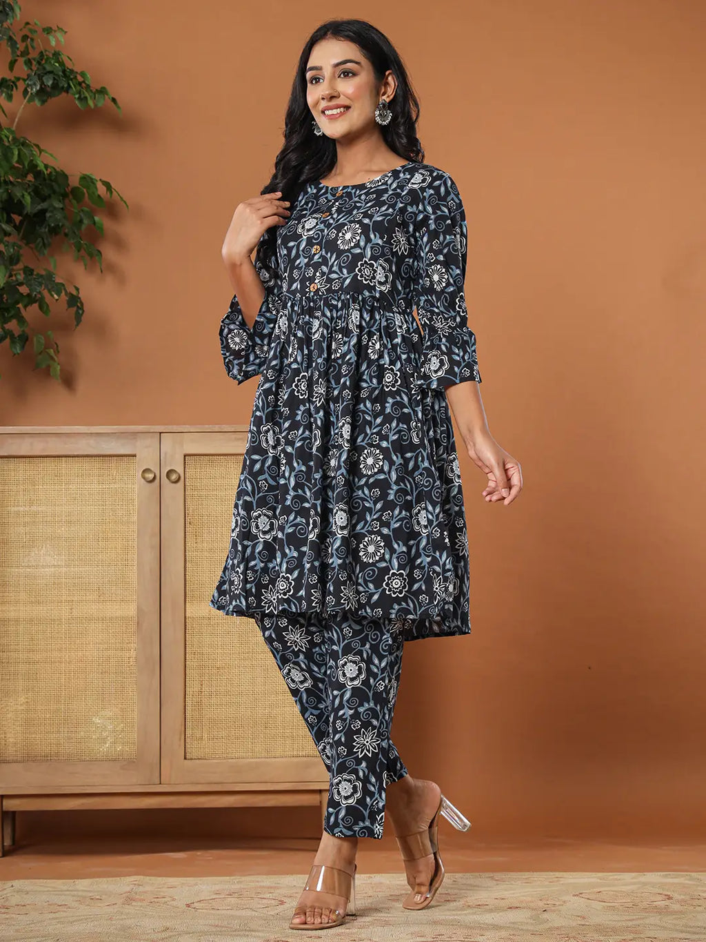 Yufta Black Cotton Maternity Peplum Kurta Pants Set | Grocsy