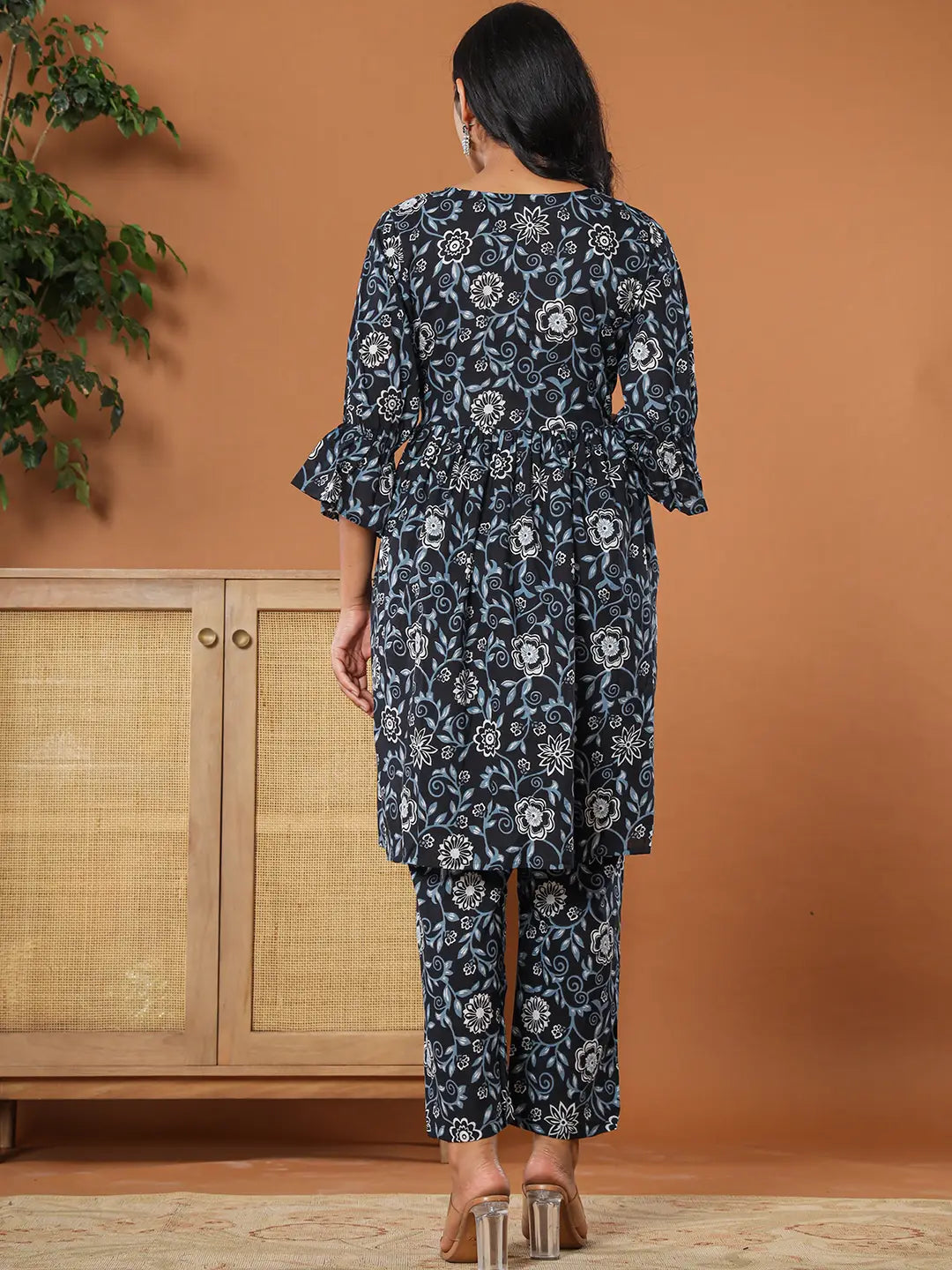 Yufta Black Cotton Maternity Peplum Kurta Pants Set | Grocsy