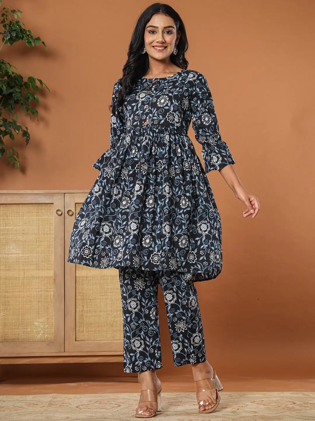 Yufta Black Cotton Maternity Peplum Kurta Pants Set | Grocsy
