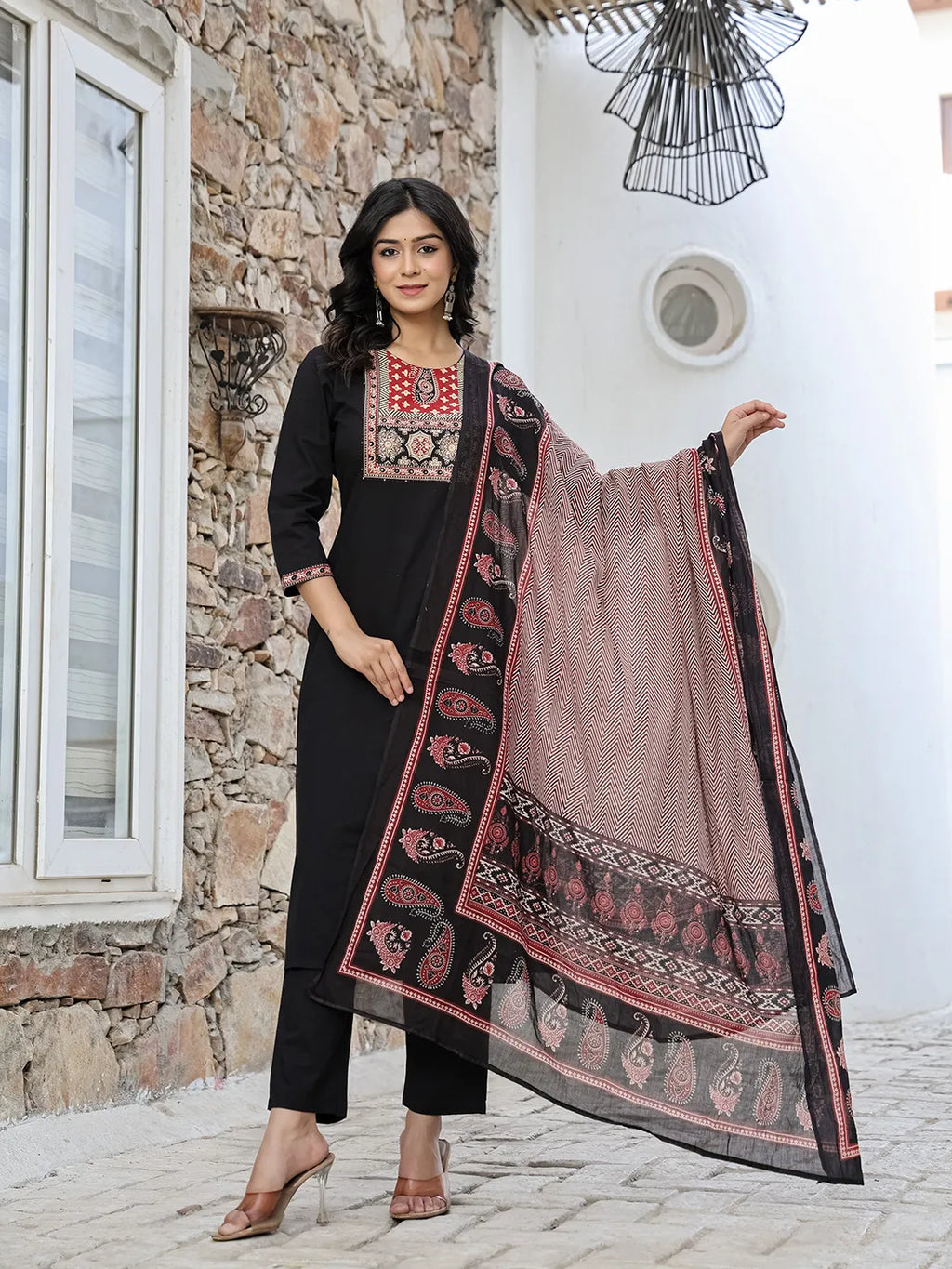 Yufta Black Cotton Sequins Work Straight Kurta Set | Grocsy