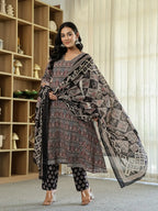 Yufta Black Ethnic Motifs A-Line Kurta Trouser Dupatta Set With Bucket Neck | Grocsy