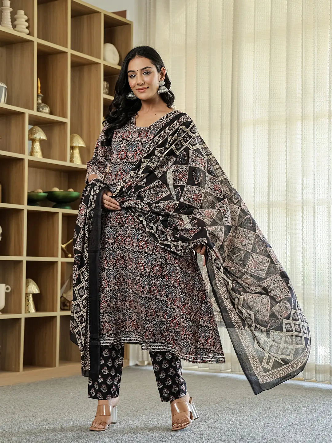 Yufta Black Ethnic Motifs A-Line Kurta Trouser Dupatta Set With Bucket Neck | Grocsy