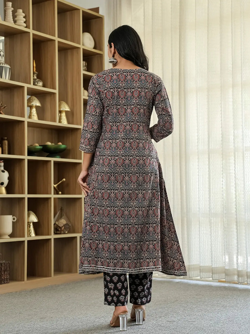 Yufta Black Ethnic Motifs A-Line Kurta Trouser Dupatta Set With Bucket Neck | Grocsy