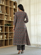 Yufta Black Ethnic Motifs A-Line Kurta Trouser Dupatta Set With Bucket Neck | Grocsy