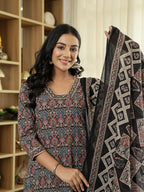 Yufta Black Ethnic Motifs A-Line Kurta Trouser Dupatta Set With Bucket Neck | Grocsy