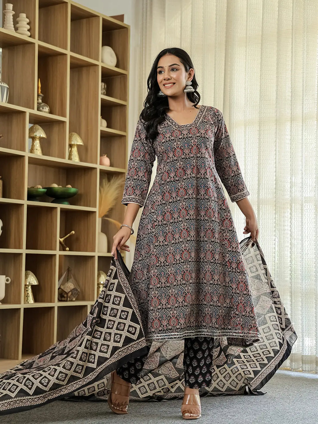 Yufta Black Ethnic Motifs A-Line Kurta Trouser Dupatta Set With Bucket Neck | Grocsy