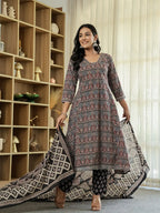 Yufta Black Ethnic Motifs A-Line Kurta Trouser Dupatta Set With Bucket Neck | Grocsy