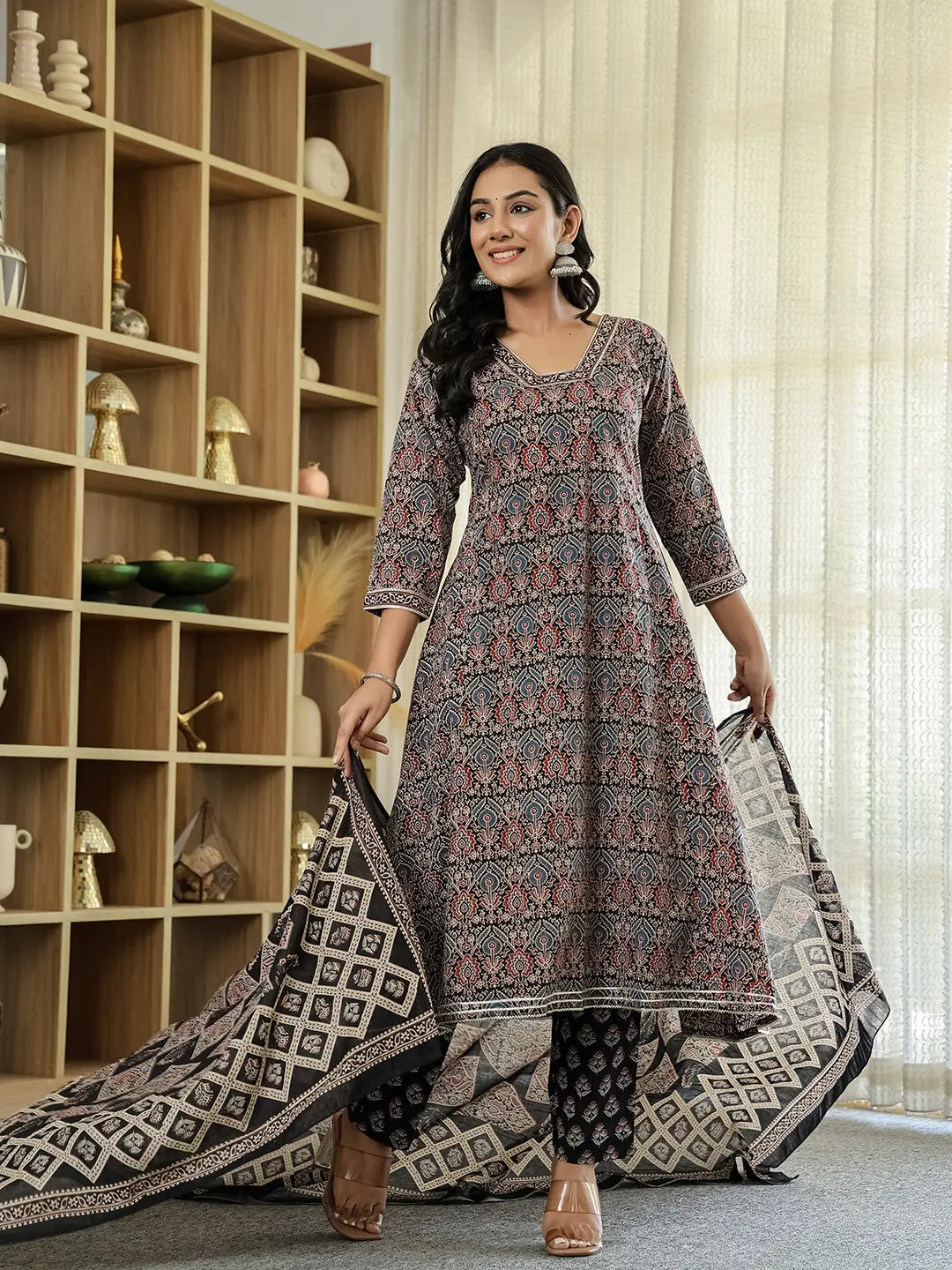 Yufta Black Ethnic Motifs A-Line Kurta Trouser Dupatta Set With Bucket Neck | Grocsy